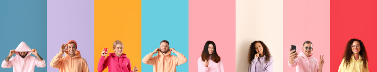 Set of people in stylish hoodies on colorful background