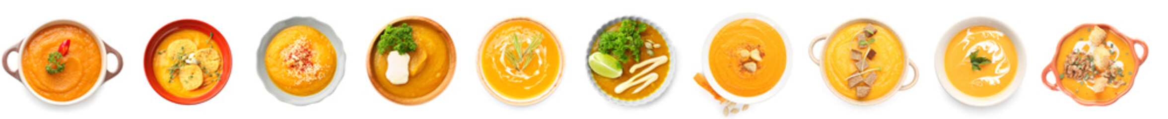 Set of tasty pumpkin cream soup on white background, top view