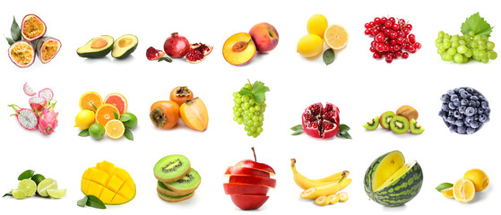 Set of different tasty fruits isolated on white