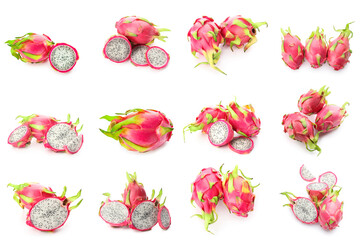 Set of tasty dragon fruit on white background