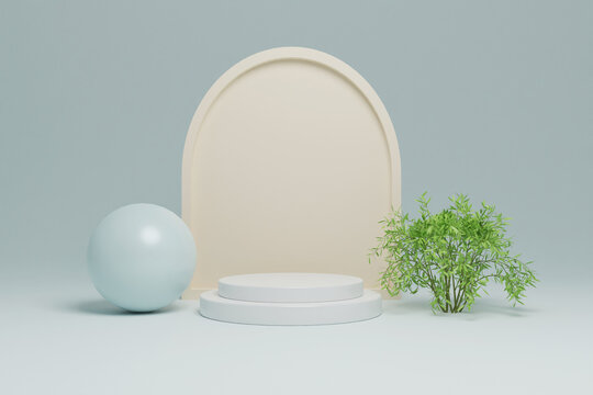 3d render white round podium for product presentation decorated with plant