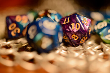 Role Playing Game and game dice and templar knight armour in the table top game epic play for RPG....