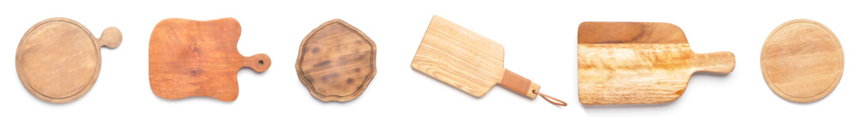 Set of wooden boards on white background, top view