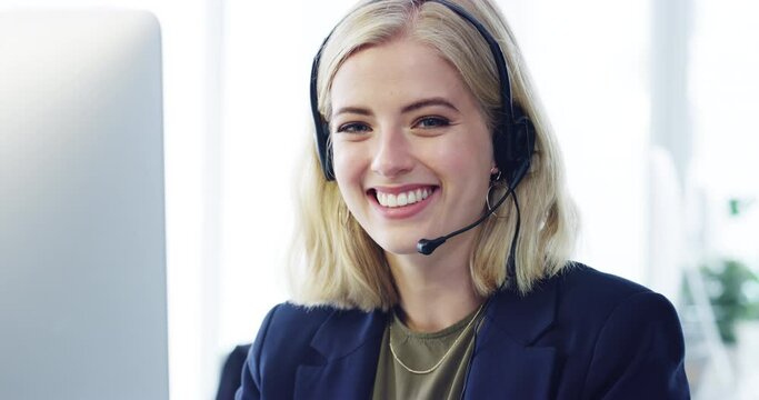 Contact us, call center and customer service with a woman working in sales, telemarketing or crm with a headset. Support, help and consulting with a young female consultant in her office at work
