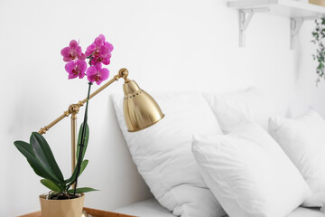Orchid flower and lamp on bedside table near white wall