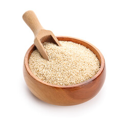 Wooden bowl of sesame seeds on white background