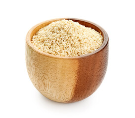 Wooden bowl of sesame seeds isolated on white background