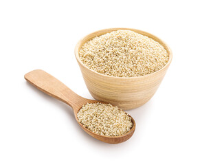 Bowl and spoon with sesame seeds on white background