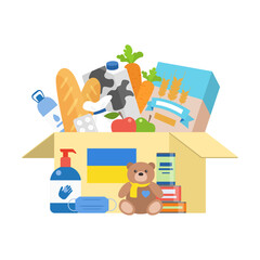 Donation box with humanitarian aid, food, kids toys, hygiene items vector illustration. People donate, give assistance to refugee, citizens and army of Ukraine, solidarity of world community concept