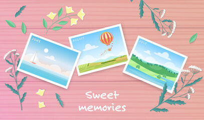 Summer travel memories album design vector illustration. Cartoon photos from vacations on wooden board with herbs, sailboat in blue waters of sea, hot air balloon in sky and landscape summertime