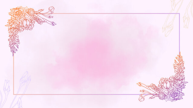 Hand painted pink watercolor floral background with hand drawn flowers