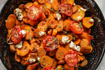 Frying pan of tasty baked vegetables, closeup