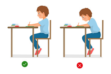 correct and incorrect sitting body postures of little boy studying at the desk - obrazy, fototapety, plakaty