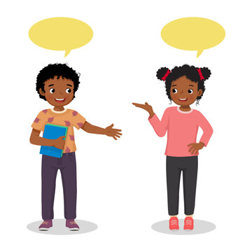 happy cute kids little African boy and girl talking each other with speech bubble