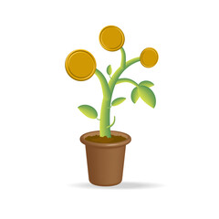 Money tree with coins. Business investment, profit, finance, business income.
 Business development concept. 3d vector icon. Cartoon style.
