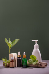 Glass brown green containers for cosmetics with wood. Serum, soap, dropper bottle and lotion. Green background. Selfcare, beauty, spa salon, eco friendly concept. Cosmetic set. Pipette and dispenser