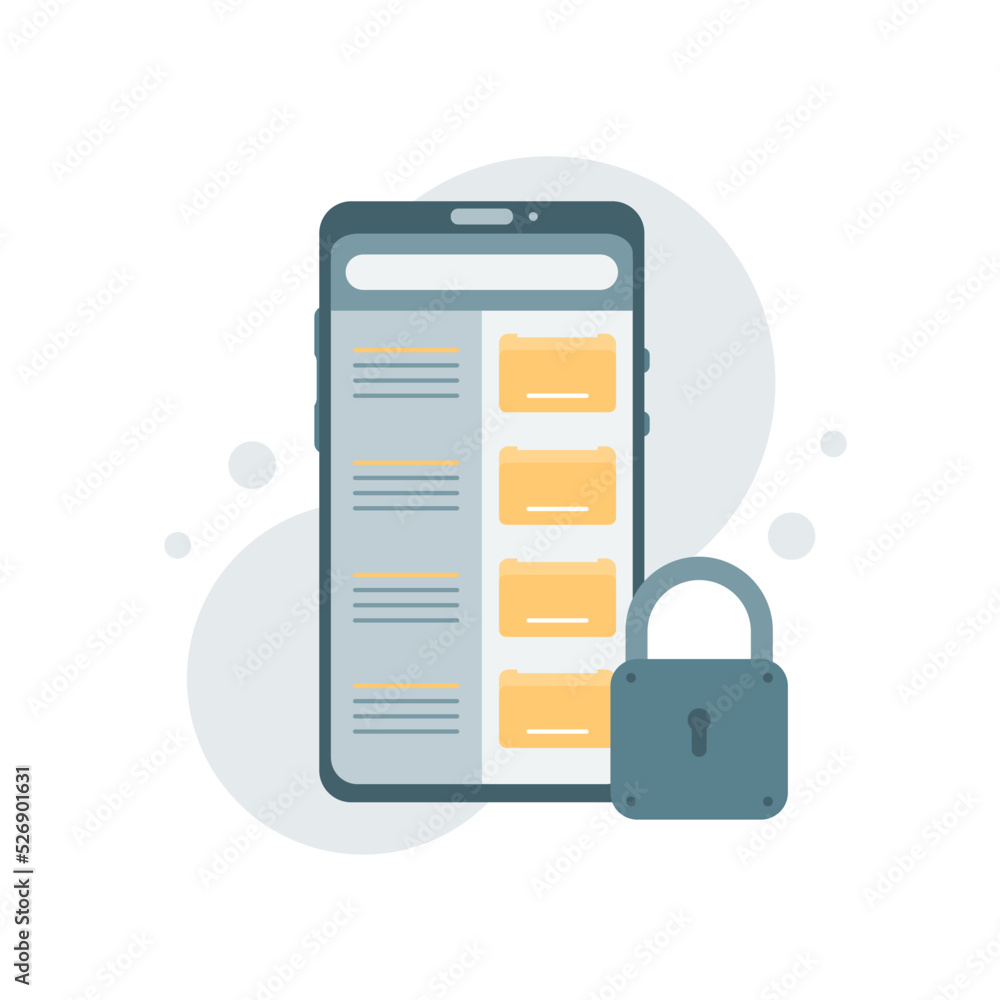 Poster locked data file folders on smartphone. file management. electronic document management. vector illu
