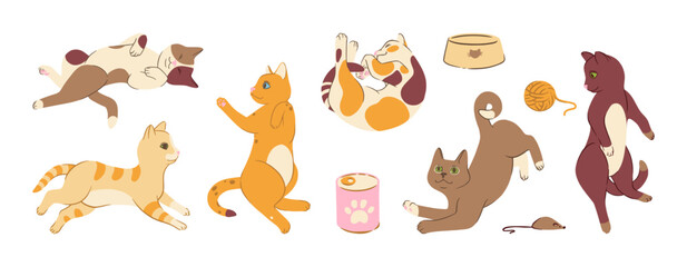 Obraz premium Cat poses doodle set with toys and food. Cats with accesories. Cute vector illustration
