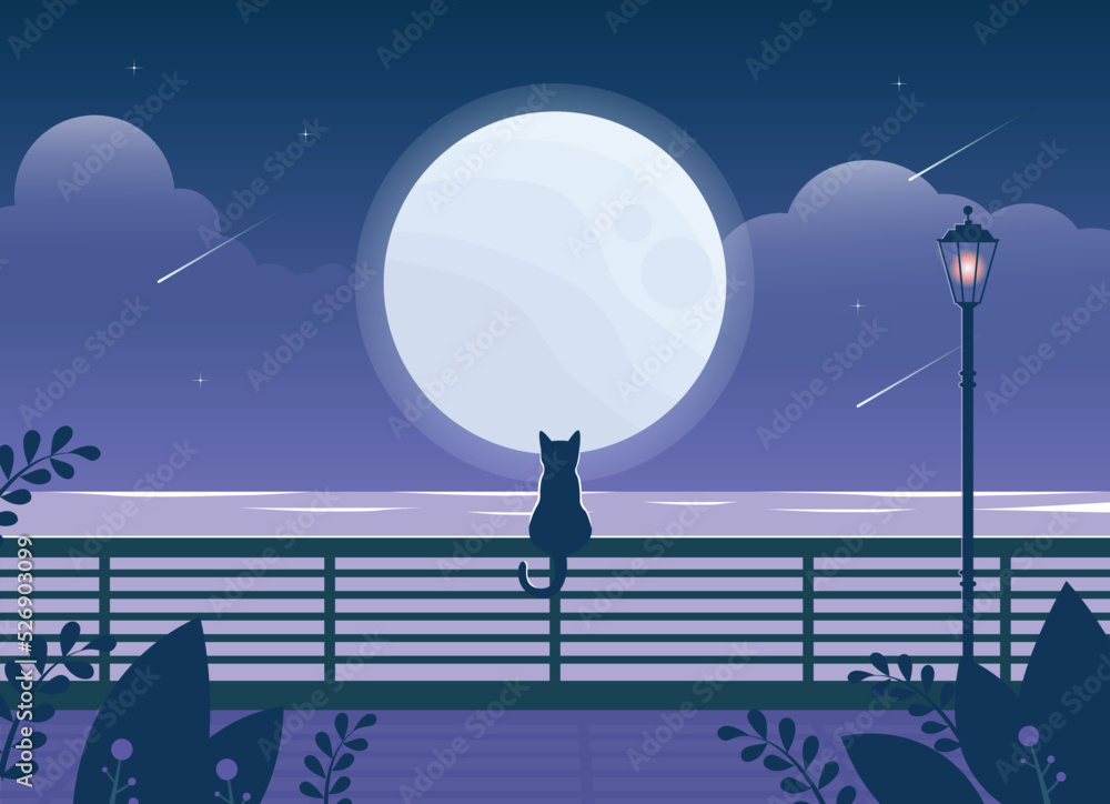 Poster a riverside background with a large moon floating. back view of a cat looking at the river on a park