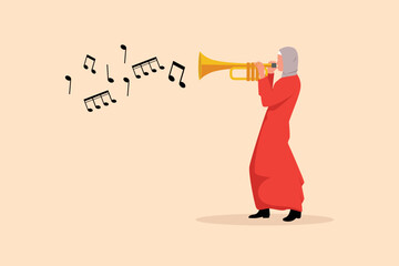 Business flat cartoon style drawing Arabian woman playing trumpet. Music instrumental. Jazz musician playing trumpet instrument. Trumpet player. Orchestra performer. Graphic design vector illustration © onetime