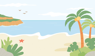 Fototapeta na wymiar Beach with palm trees. The waves crash and the island is visible in the distance. flat design style vector illustration.