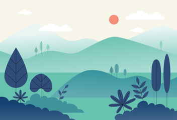 Fototapeta na wymiar The appearance of the foggy mountain and the shadows of the leaves. flat design style vector illustration.