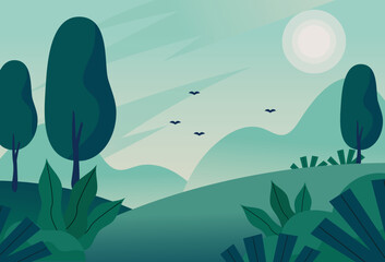 Green natural background. The shadows of the mountains and the big trees and the flying birds. flat design style vector illustration.