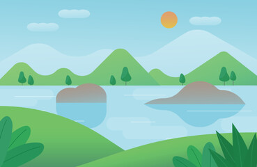 There are small rocks in the clear lake. Blue sky on the background of mountains. flat design style vector illustration.
