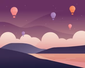 Foto op Canvas A hot air balloon floats in the dark purple sky. Below you can see the shadows of rivers and mountains. flat design style vector illustration. © MINIWIDE