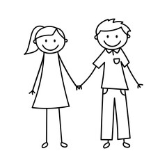 Doodle figures. Cute stick guy and girl holding hands. Vector illustration isolated on white