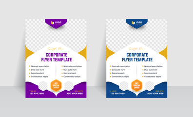 Elegant Half Hexagon flyer, brochure templates with blue purple, and yellow colors. Suitable for your business and agency