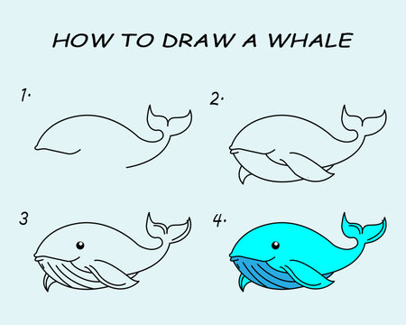 Step by step to draw a Whale. Drawing tutorial a Whale. Drawing lesson for children. Vector illustration	