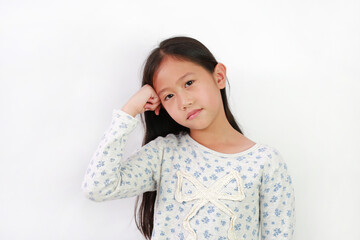 Asian young girl put stranglehold on head with looking at camera on white background.