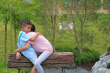 Smiling Asian little brother and young sister embracing while sit on wooden chair in the park.