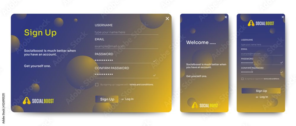 Poster set of sign up and sign in forms. orange gradient. registration and login forms page. professional w