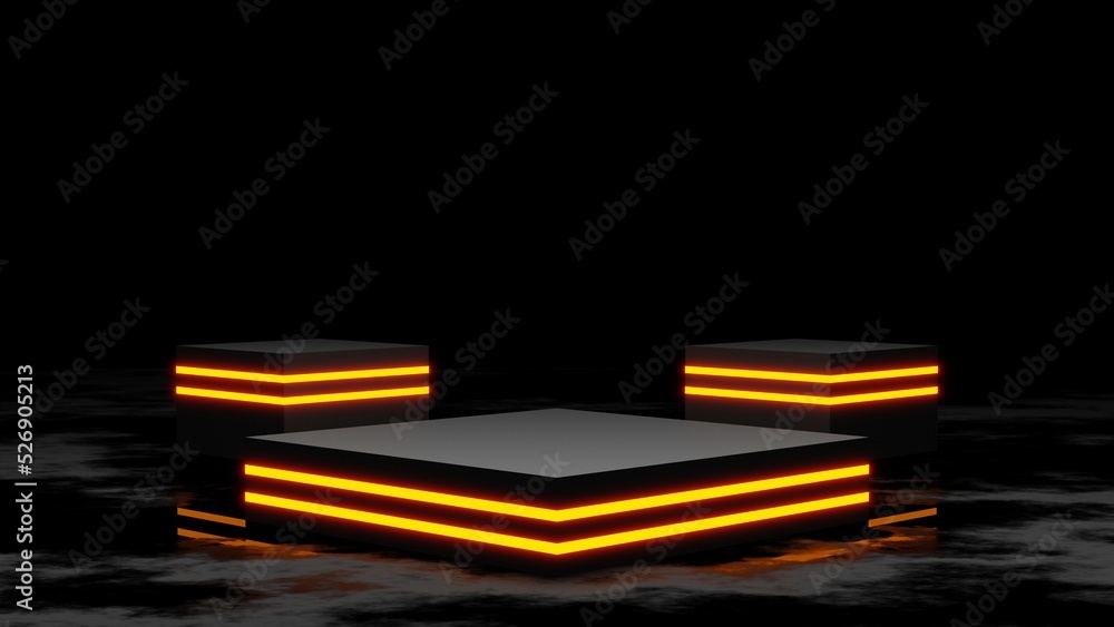 Poster pedestal or podium display with yellow neon light, empty platform for product showcase, 3d rendering