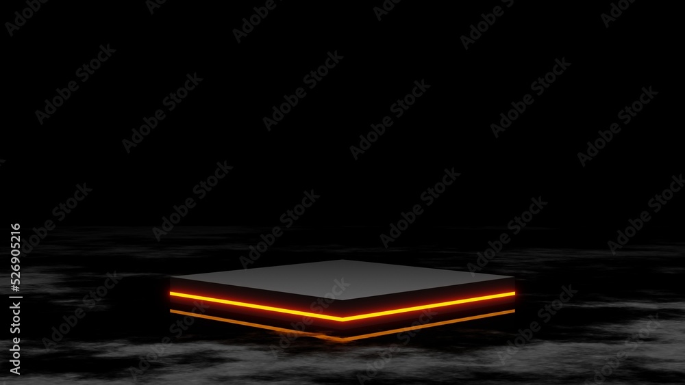 Poster pedestal or podium display with yellow neon light, empty platform for product showcase, 3d rendering
