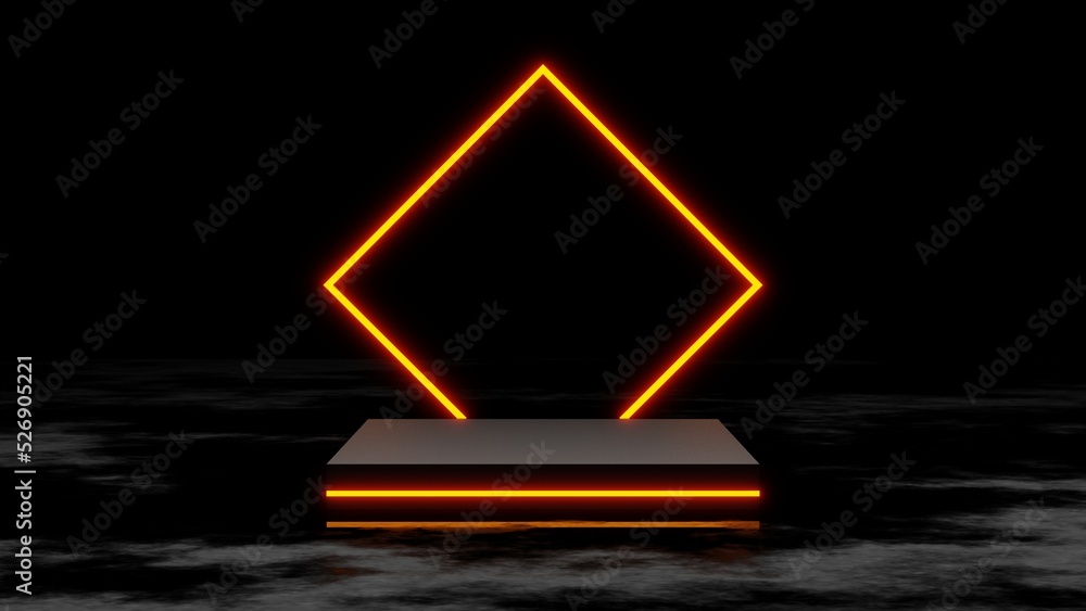 Poster pedestal or podium display with yellow neon light, empty platform for product showcase, 3d rendering