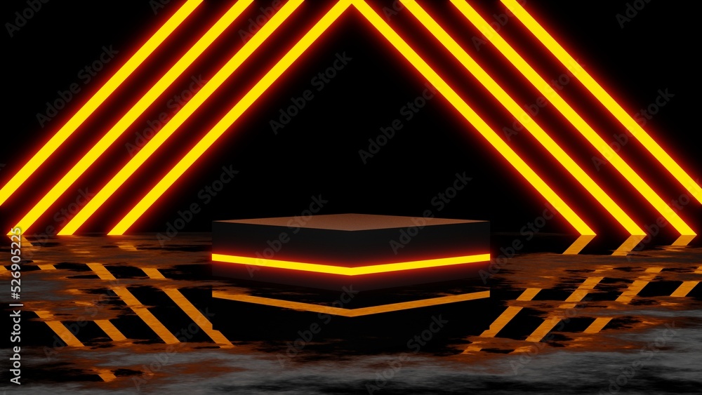 Poster pedestal or podium display with yellow neon light, empty platform for product showcase, 3d rendering