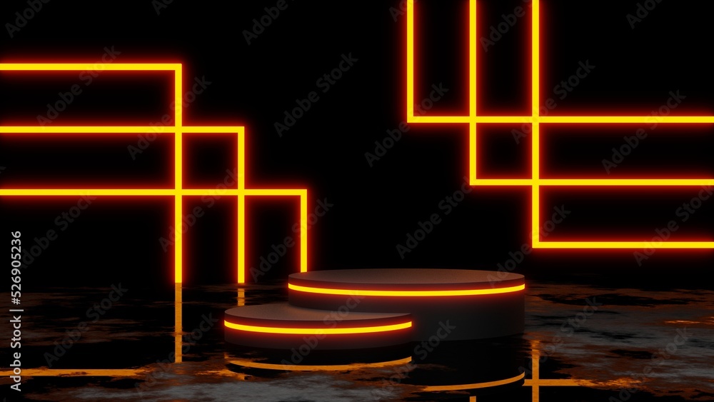 Poster pedestal or podium display with yellow neon light, empty platform for product showcase, 3d rendering