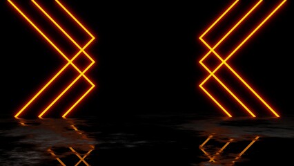 dark illuminated corridor of yellow neon light, empty wet concrete room for display, 3d rendering