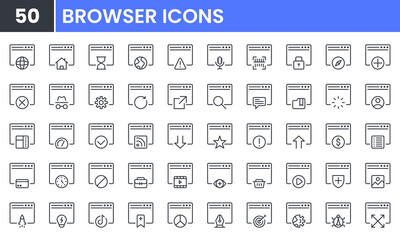 Fototapeta na wymiar Browser and Internet vector line icon set. Contains linear outline icons like Setting, Web Development, SEO, Find, Homepage, Webpage, Website, Window. Editable use and stroke.