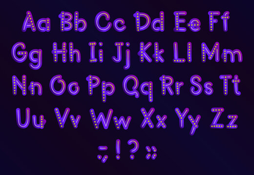 Rounded gradient font in shades of purple. Upper and lower case alphabet, punctuation marks.