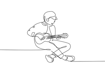 Fototapeta na wymiar Man with Guitar Continuous Line Drawing. Music Concept Minimalist Trendy Illustration. Guitarist One Line Drawing for Wall Art, Print, Social Media, Poster, Branding Design. Vector EPS 