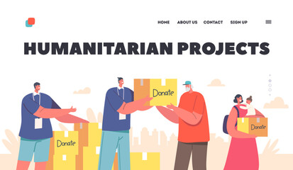 Humanitarian Projects, Donation, Material Assistance Landing Page Template. Volunteer Characters Distribute Help Boxes