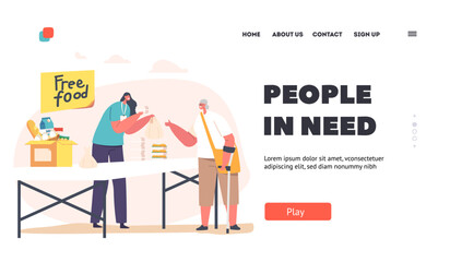 Voluntary Help People in Need Landing Page Template. Young Volunteers Feeding Poor Homeless People Giving Food to Beggar