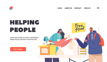 Volunteer Helping People Landing Page Template. Food to Homeless or Refugee. Young Woman Giving Free Food to Beggar Man