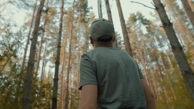 View from the back. The man looks at the trees, the forester. Forest survival and tourism concept, slow motion. The concept of recreation and tourism in the forest