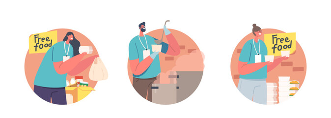 Volunteers Serving Food to Homeless People Isolated Round Icons. Young Man and Woman Pouring Warm Food to Beggars