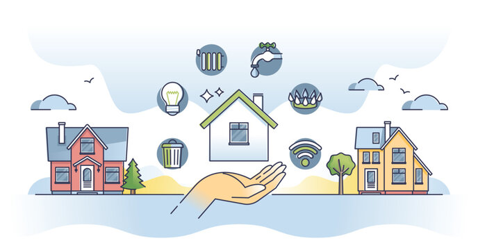 Utilities and energy consumption for home water and heating outline concept. Trash management, lighting, radiators, tap water, natural gas and internet resources supply for house vector illustration.